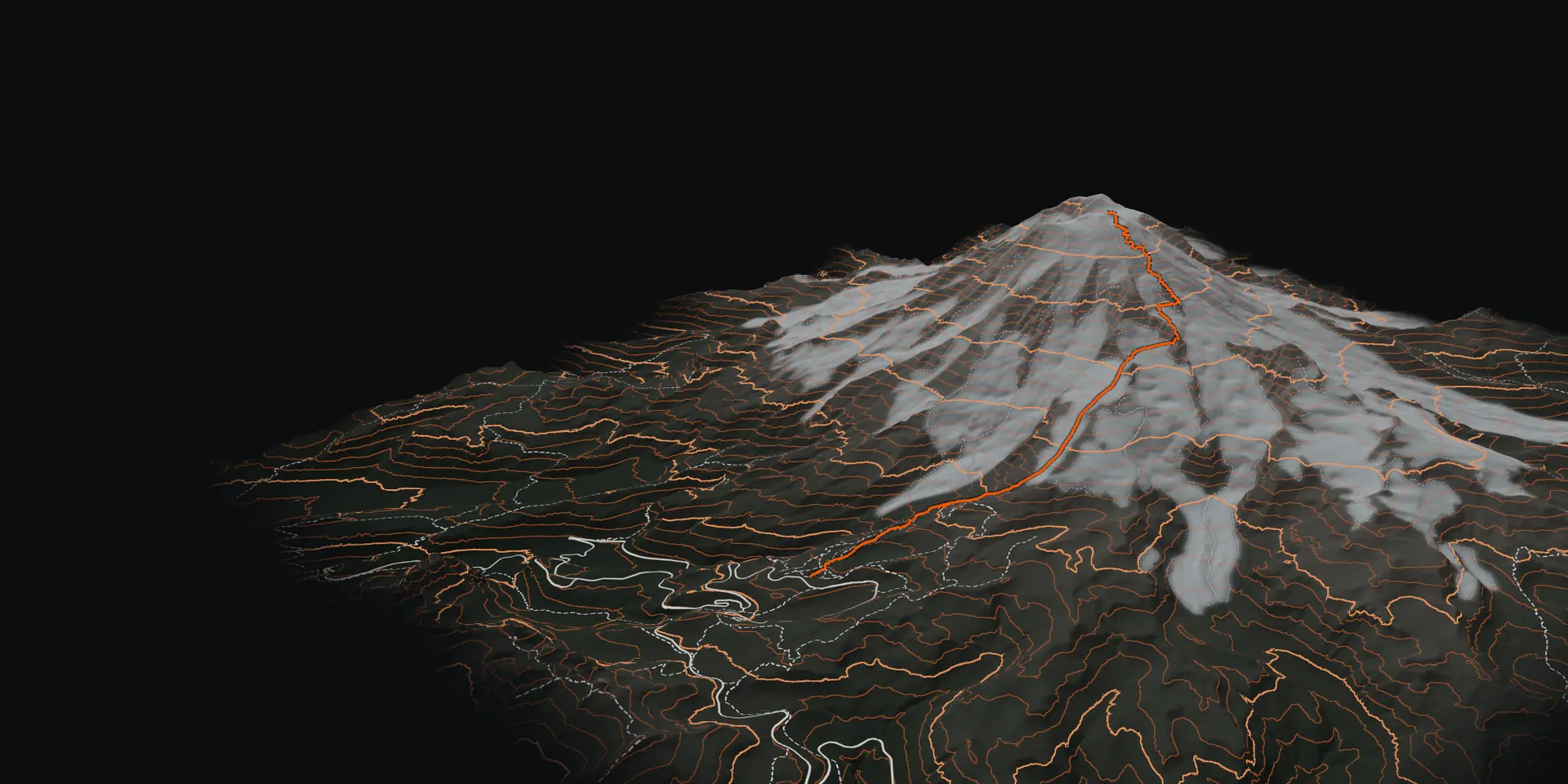Topographic 3D rendering of Mount Rainier with contour lines and the climbing route.