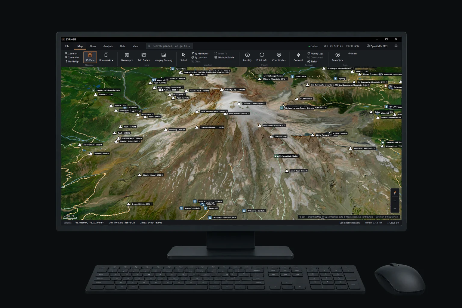 ZYRN Workstation on a desktop monitor: 3D imagery of Mount Rainier with labeled peaks under the ribbon, and the status bar.