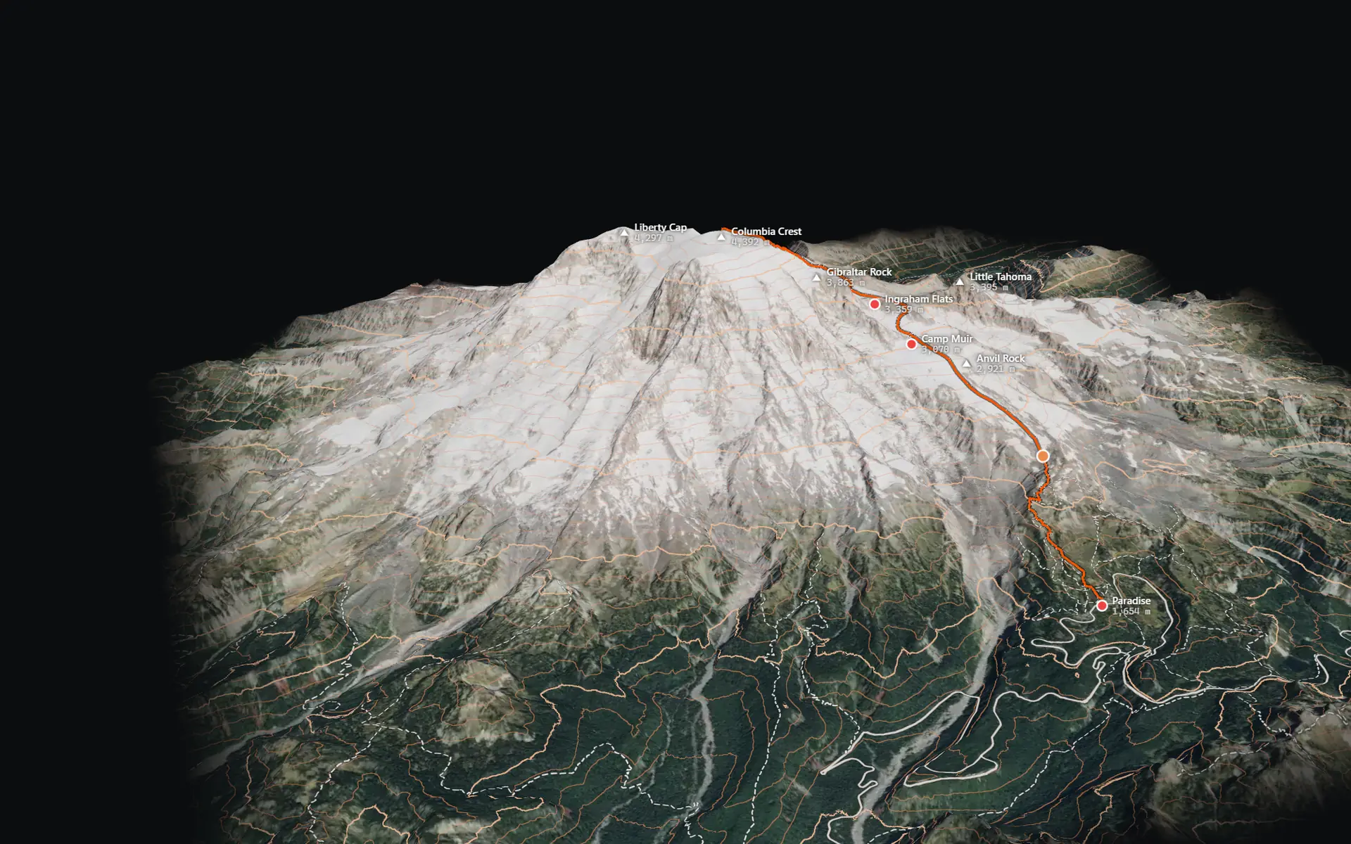 3D rendering of Mount Rainier with the climbing route from Paradise to Columbia Crest, contour lines and labeled peaks.