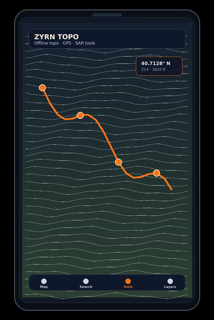ZYRN TOPO running on a phone — topographic map with GPS position and route