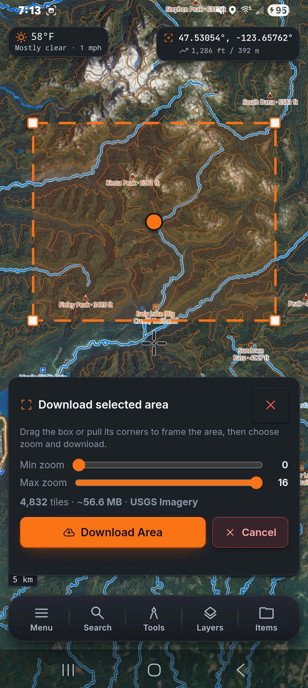 The ZYRNTOPO Android app showing its Download selected area dialog: an orange dashed box framing part of the Olympic mountains on a topo-over-imagery map, with min and max zoom sliders and an estimate of 4,832 tiles (~56.6 MB) of USGS Imagery.