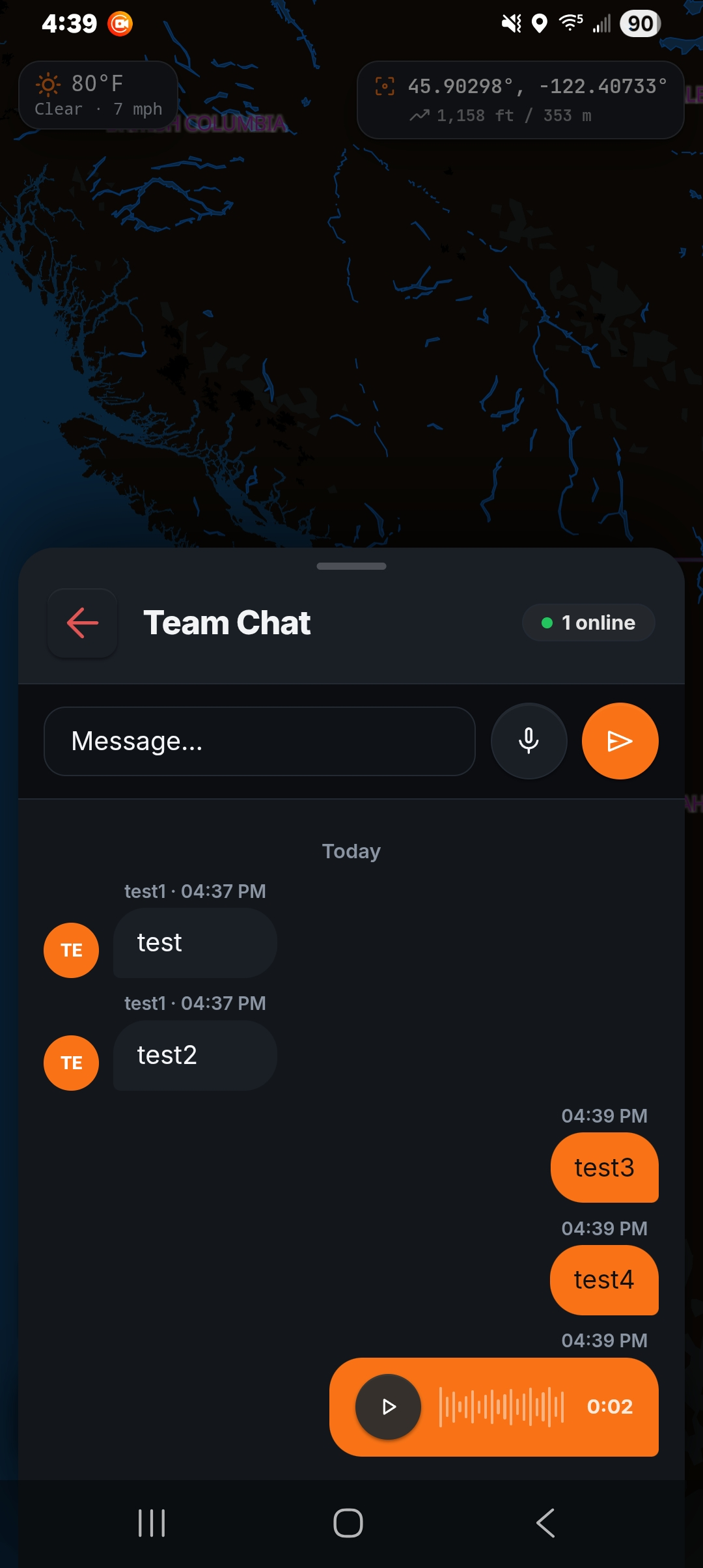 ZYRNTOPO Team Chat open over the map, showing text and voice messages between team members with one peer online.